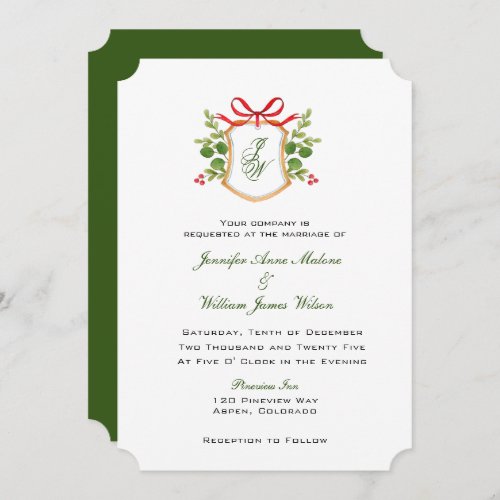 Crest with winter greenery Holiday wedding Invitation