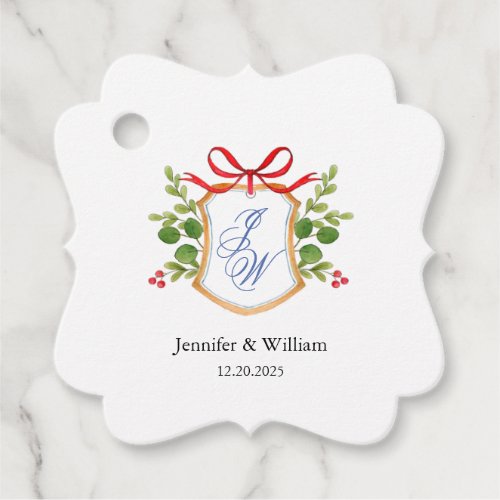 Crest with winter greenery monogrammed wedding favor tags