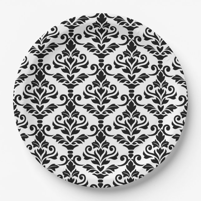 Cresta Damask Pattern Black on White Paper Plates (Front)