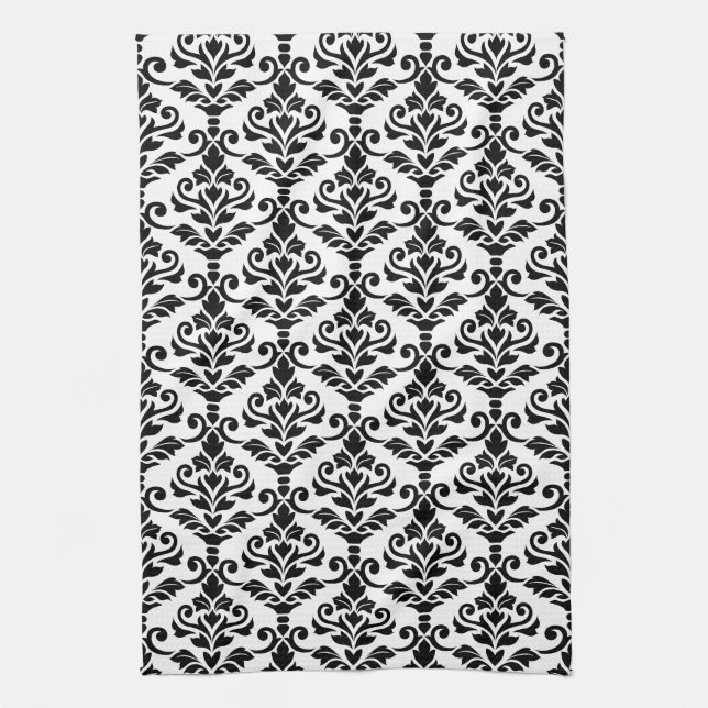 Cresta Damask Vertical Pattern Black on White Kitchen Towel (Vertical)