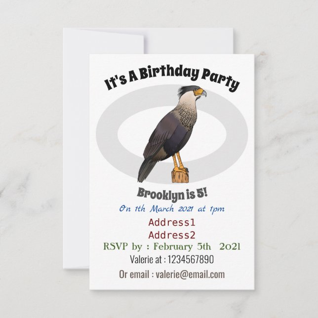 Crested caracara bird cartoon illustration  invitation (Front)