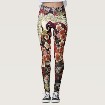 Crested Crane Blossoms Leggings by AlignBoutique at Zazzle