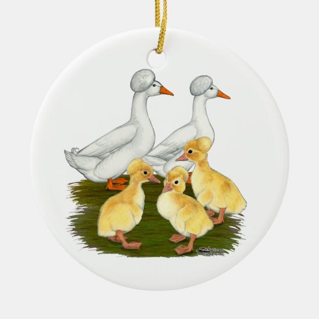 Crested Duck Family Ceramic Ornament (Front)