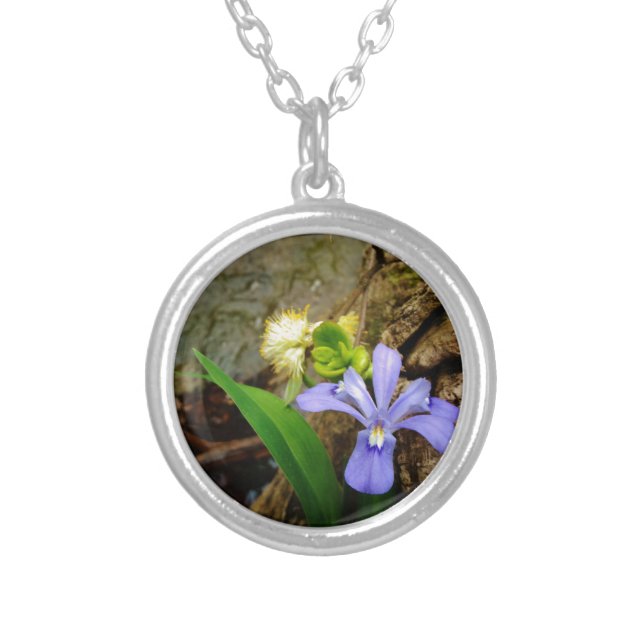 Crested Dwarf Iris blue purple white flower Silver Plated Necklace (Front)