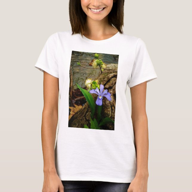Crested Dwarf Iris blue purple white flower T-Shirt (Front)