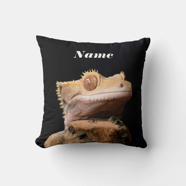 Crested Gecko Lizard on black Throw Pillow (Front)