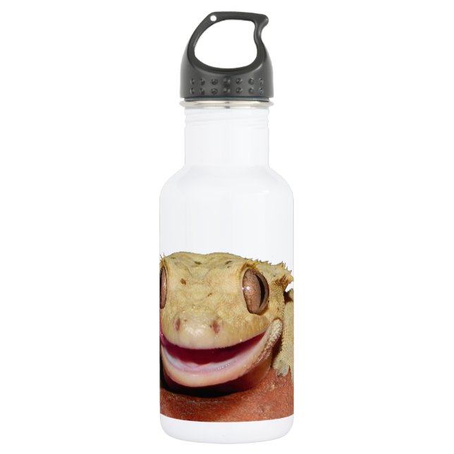 Crested Gecko smiling and licking Stainless Steel Water Bottle (Front)