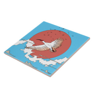 Crested Ibis in Flight Ceramic Tile