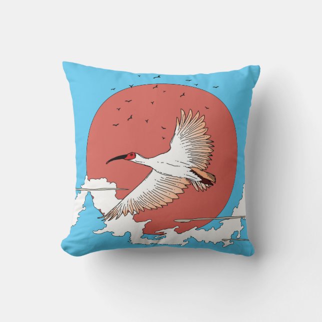 Crested Ibis in Flight Throw Pillow (Front)
