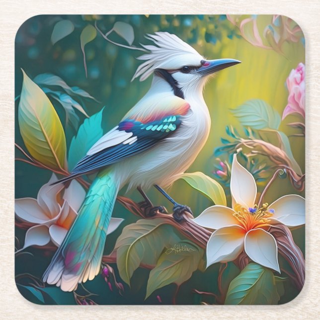 Crested Teal Winged Jay Square Paper Coaster (Front)