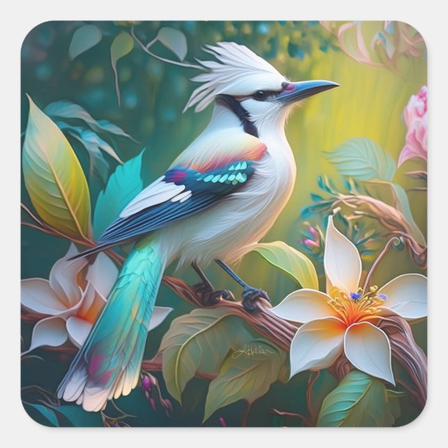 Crested Teal Winged Jay Square Sticker (Front)