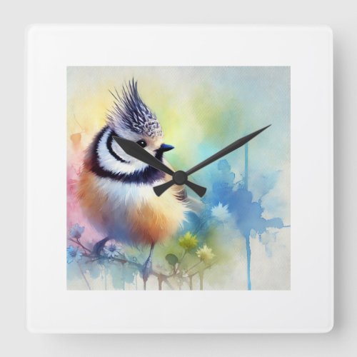 Crested Tit 210624AREF108 _ Watercolor Square Wall Clock