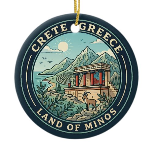Crete Greece Illustration Travel Art Badge Ceramic Ornament