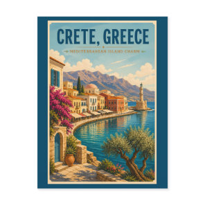 Crete Greece Illustration Travel Art Vintage Postcard