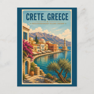 Crete Greece Illustration Travel Art Vintage Postcard