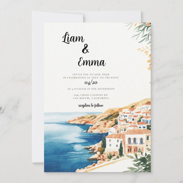 Crete Watercolor Wedding Destination Invitation (Front)