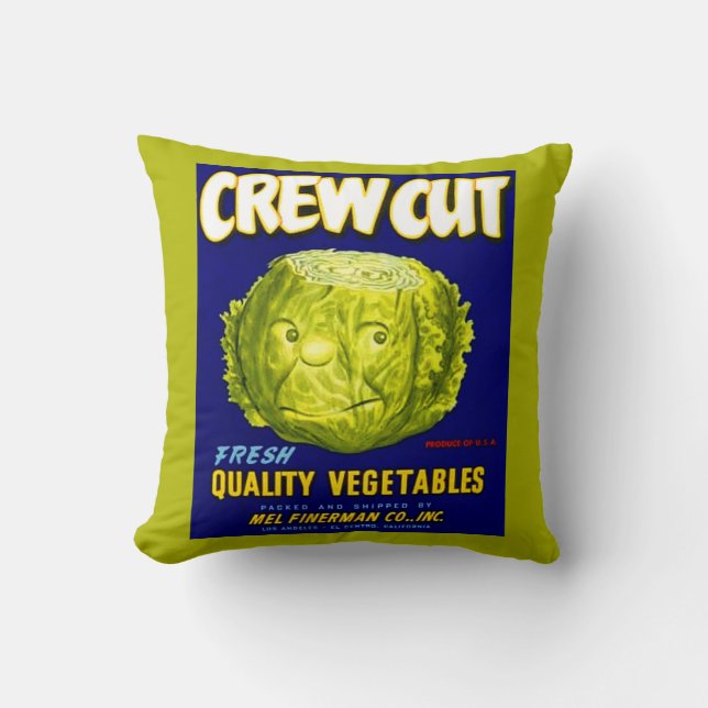 Crew Cut vegetable crate label print Throw Pillow (Front)