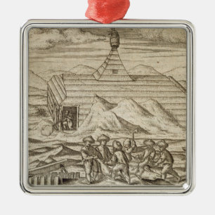 Crew killing and skinning bears, outside the cabi metal ornament