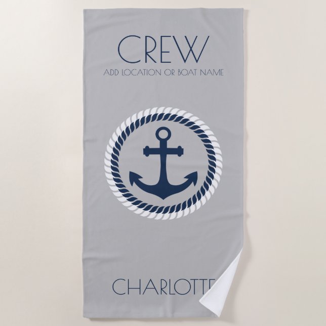 Crew Member Nautical Anchor Boat Name Personalized Beach Towel (Front)