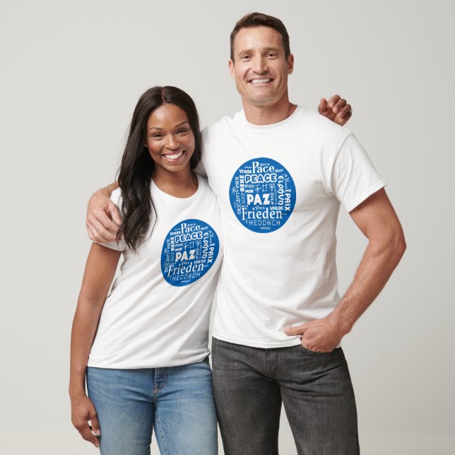 Crew neck T shirt Blue Multi Language Peace design (Unisex)