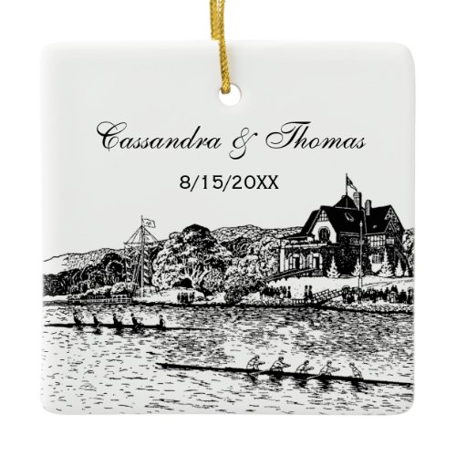 Crew Rowers Race With Boathouse Black Ceramic Ornament
