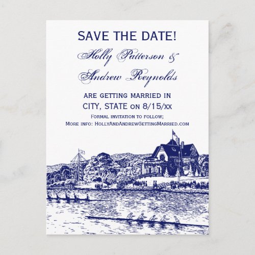 Crew Rowers Race With Boathouse Blue Announcement Postcard