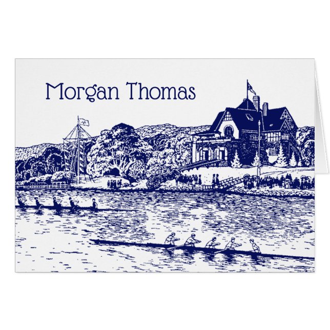 Crew Rowers Race With Boathouse Blue Cards (Front Horizontal)