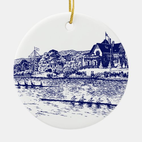 Crew Rowers Race With Boathouse Blue Ceramic Ornament