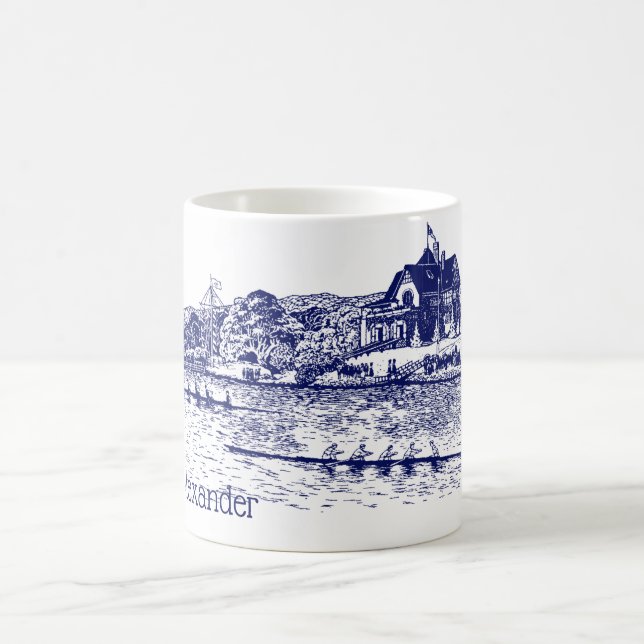 Crew Rowers Race With Boathouse Blue Coffee Mug (Center)