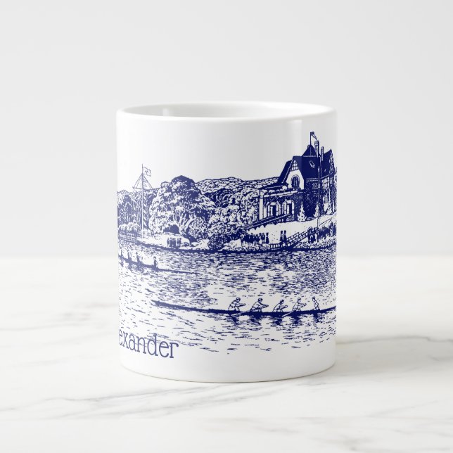 Crew Rowers Race With Boathouse Blue Giant Coffee Mug (Front)