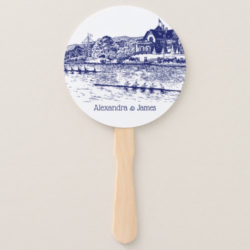 Crew Rowers Race With Boathouse Blue Hand Fan