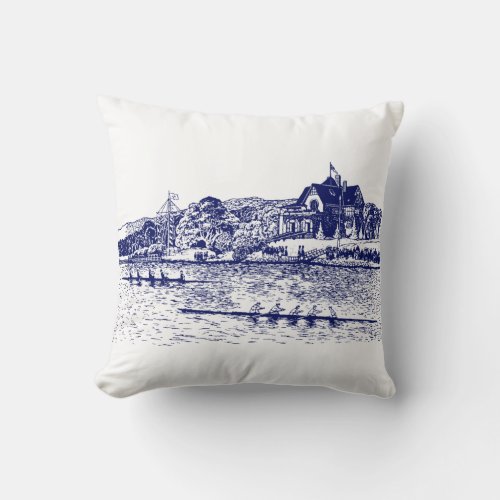 Crew Rowers Race With Boathouse Blue Throw Pillow