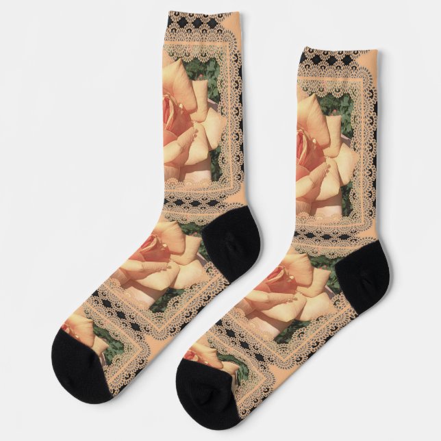 Crew Socks for Women with Peachy Beige Roses (Left)