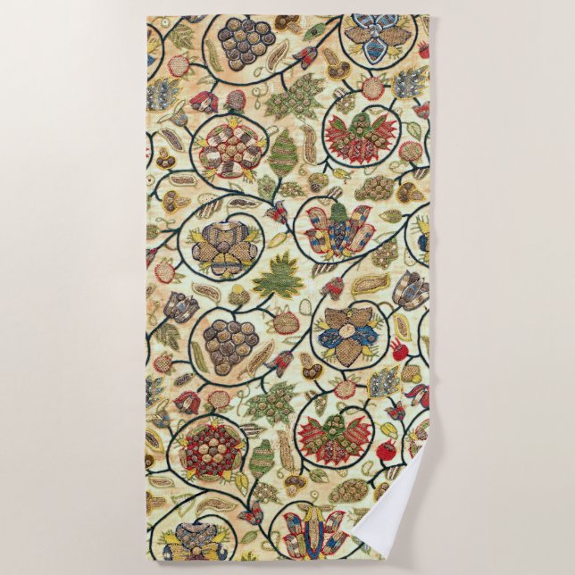Crewel Work Embroidery Fruit and Flowers Beach Towel (Front)