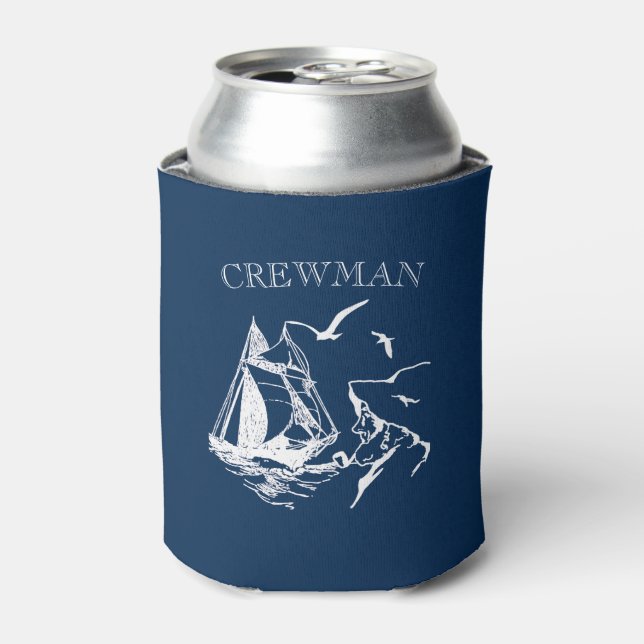 Crewman Sailboat Sailor Navy Blue Custom Can Cooler (Can Front)