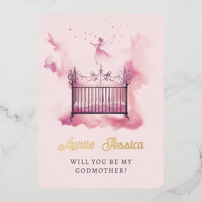Crib Fairy Watercolor Photo Godmother Proposal Foil Invitation (Front)