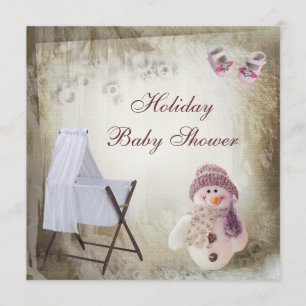 Crib & Pink Snowman Holiday Baby Shower Invitation