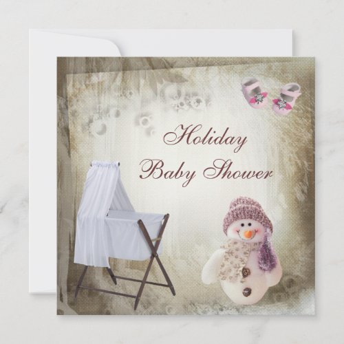 Crib  Pink Snowman Holiday Baby Shower Invitation