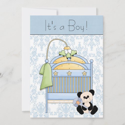 Crib Teddy Bear Blue Damask Baby Shower Invitation