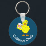 Cribbage Chick Keychain<br><div class="desc">A cute yellow chick holding cards that add up to fifteen is a humorous gift design for card gamers at birthdays and holidays.

Text can be changed</div>