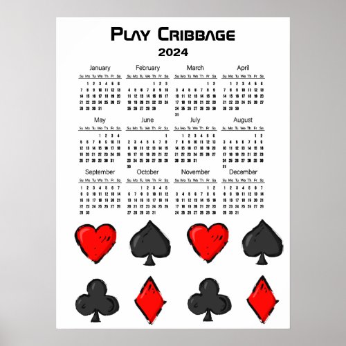 Cribbage Red Black and White 2024 Calendar  Poster
