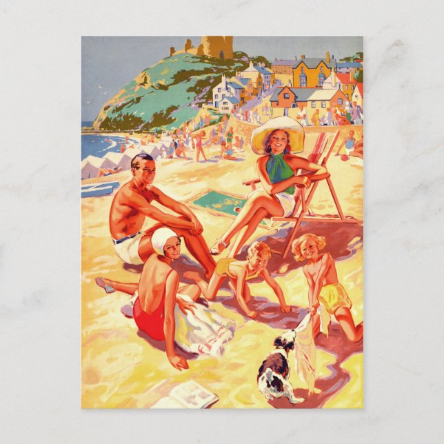 Criccieth beach, Wales, family, vacation, vintage Postcard (Front)