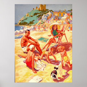 Criccieth beach, Wales, family, vacation, vintage Poster
