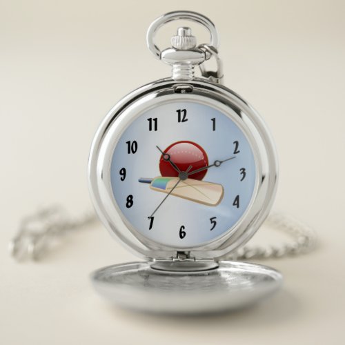 Cricket Ball and Bat Blue Sports Pocket Watch