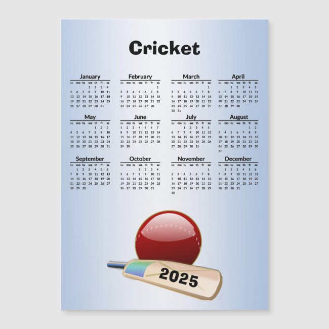 Cricket Ball Bat 2025 Calendar Magnetic Card