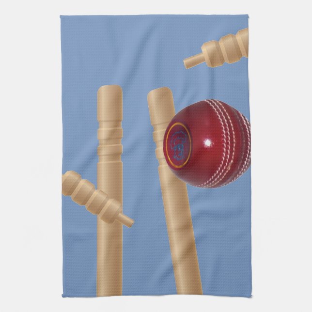 Cricket Ball Hitting Stumps, Kitchen Towel (Vertical)