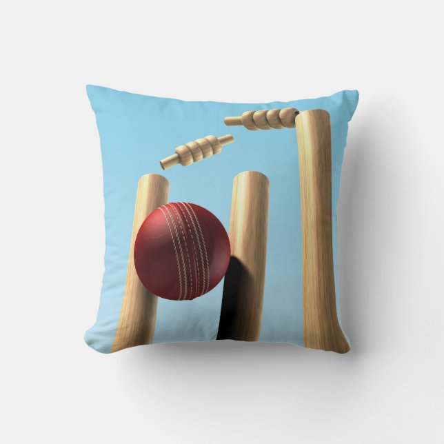 Cricket Ball Hitting Wickets Throw Pillow (Front)