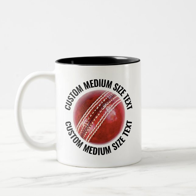 Cricket Ball & Medium Text BLACK 11oz Custom Two-Tone Coffee Mug (Left)