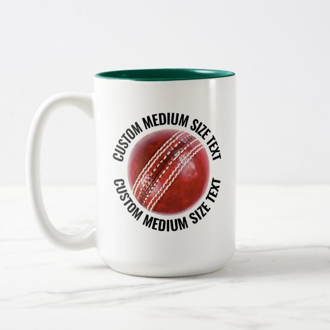 Cricket Ball, Medium Text HUNTER GREEN 15oz Custom Two-Tone Coffee Mug (Left)