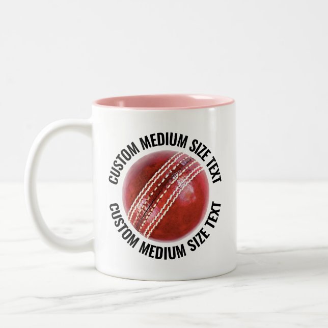 Cricket Ball & Medium Text PINK 11oz Custom Two-Tone Coffee Mug (Left)